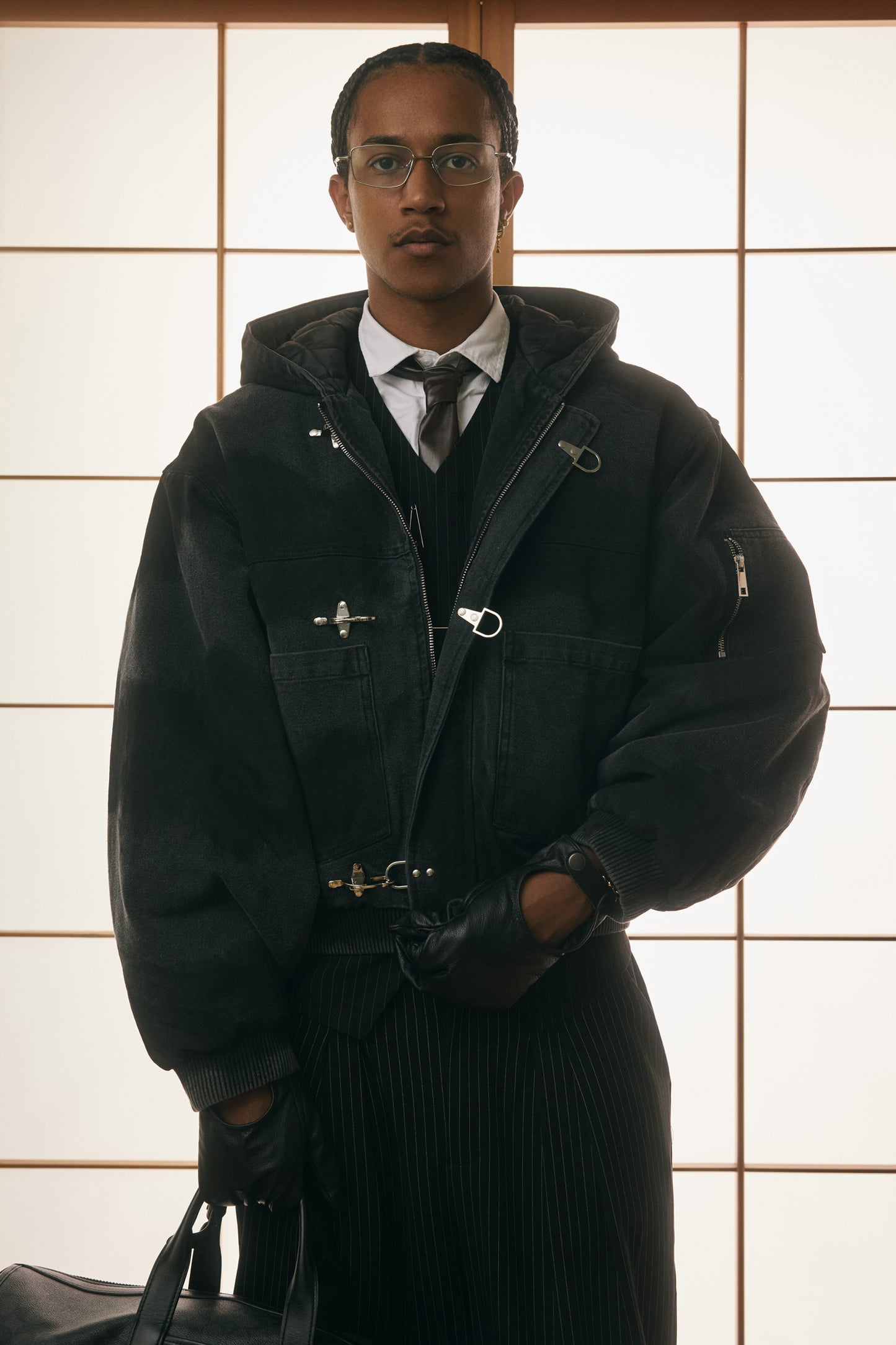 Shige 15oz Washed Black Canvas Clasp Bomber Jacket