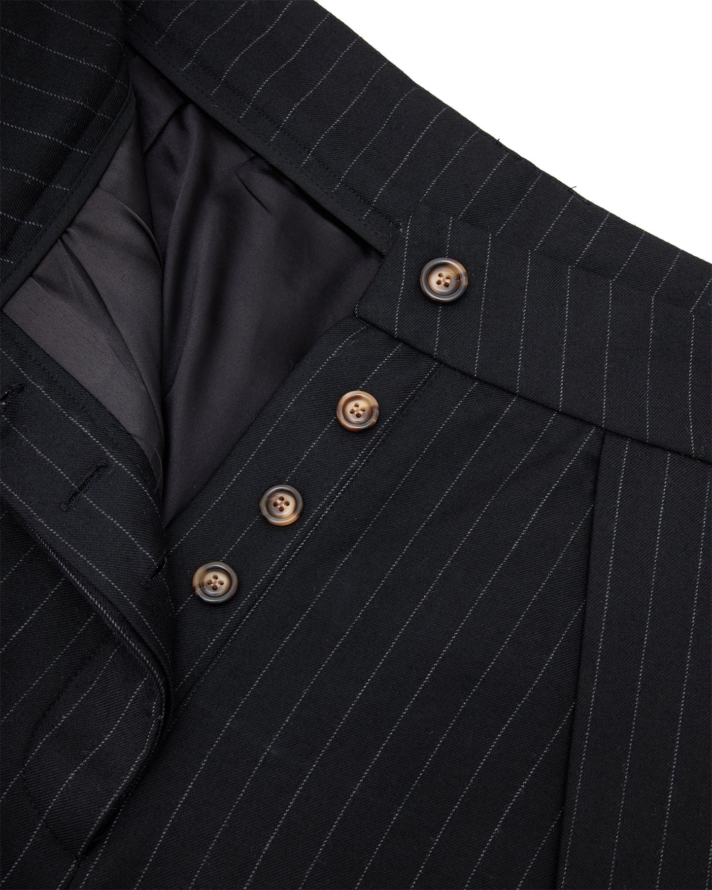 Sūtsu Diamond Pleated Wool Blend Black Pinstripe Trousers